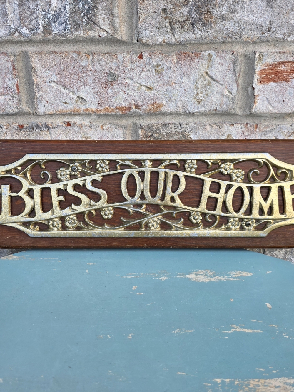 Vintage Bless Our Home Wood Wall Plaque Brass Tone Floral Decor 17"